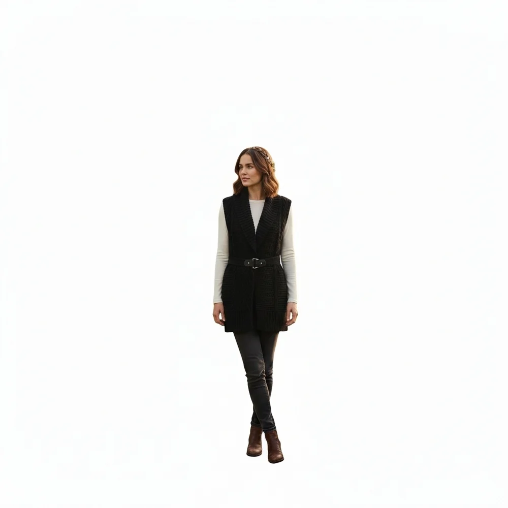 Lauren Ralph Lauren Black Chunky Cable Knit Equestrian Vest Bridle Detail - Picture 3 of 14